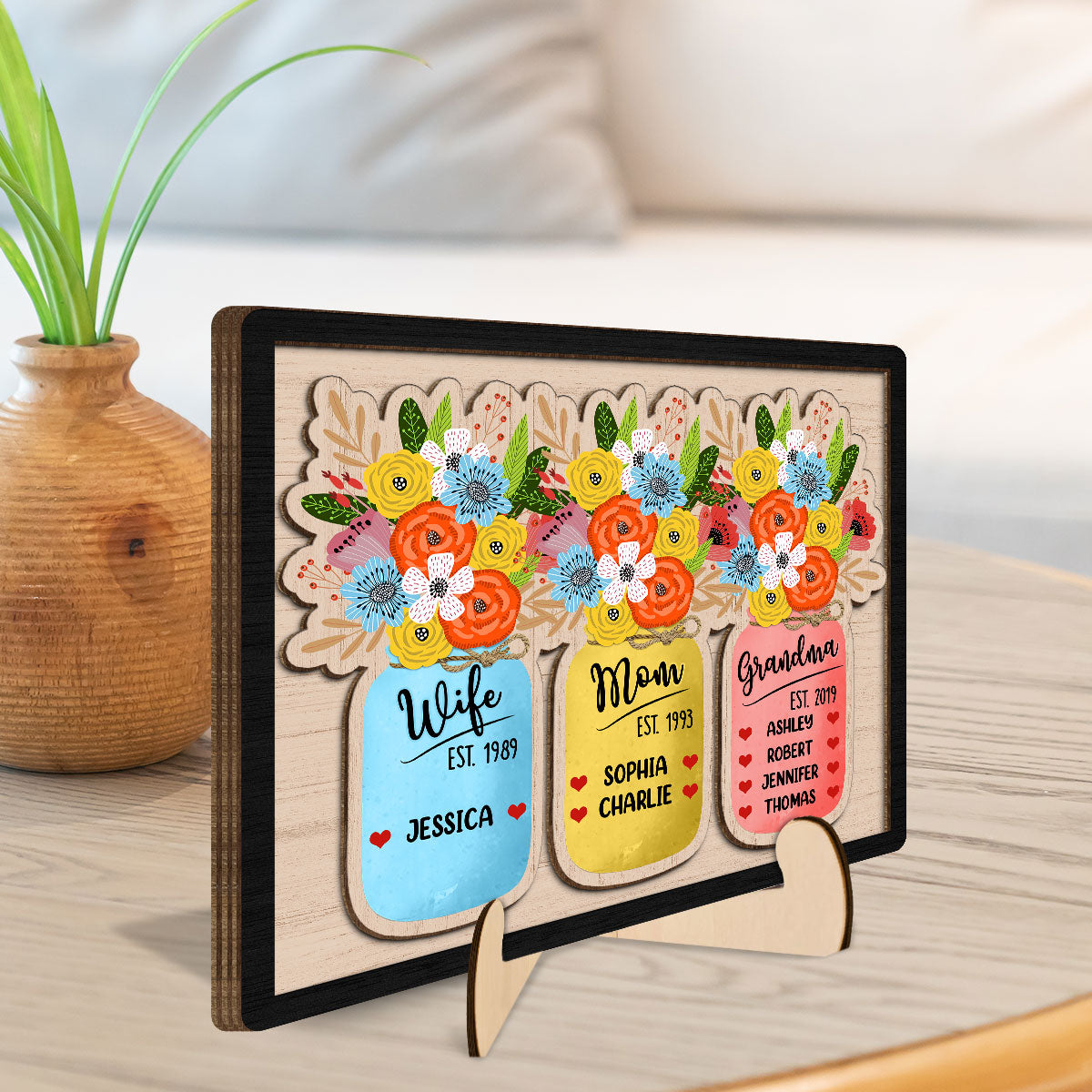 Wife Mom Grandma Flowers Jar Personalized Heart 2-layer Wooden Plaque