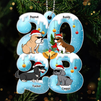 Funny Cartoon Dogs Sitting 2023 Blue Winter Snow Personalized Acrylic Ornament