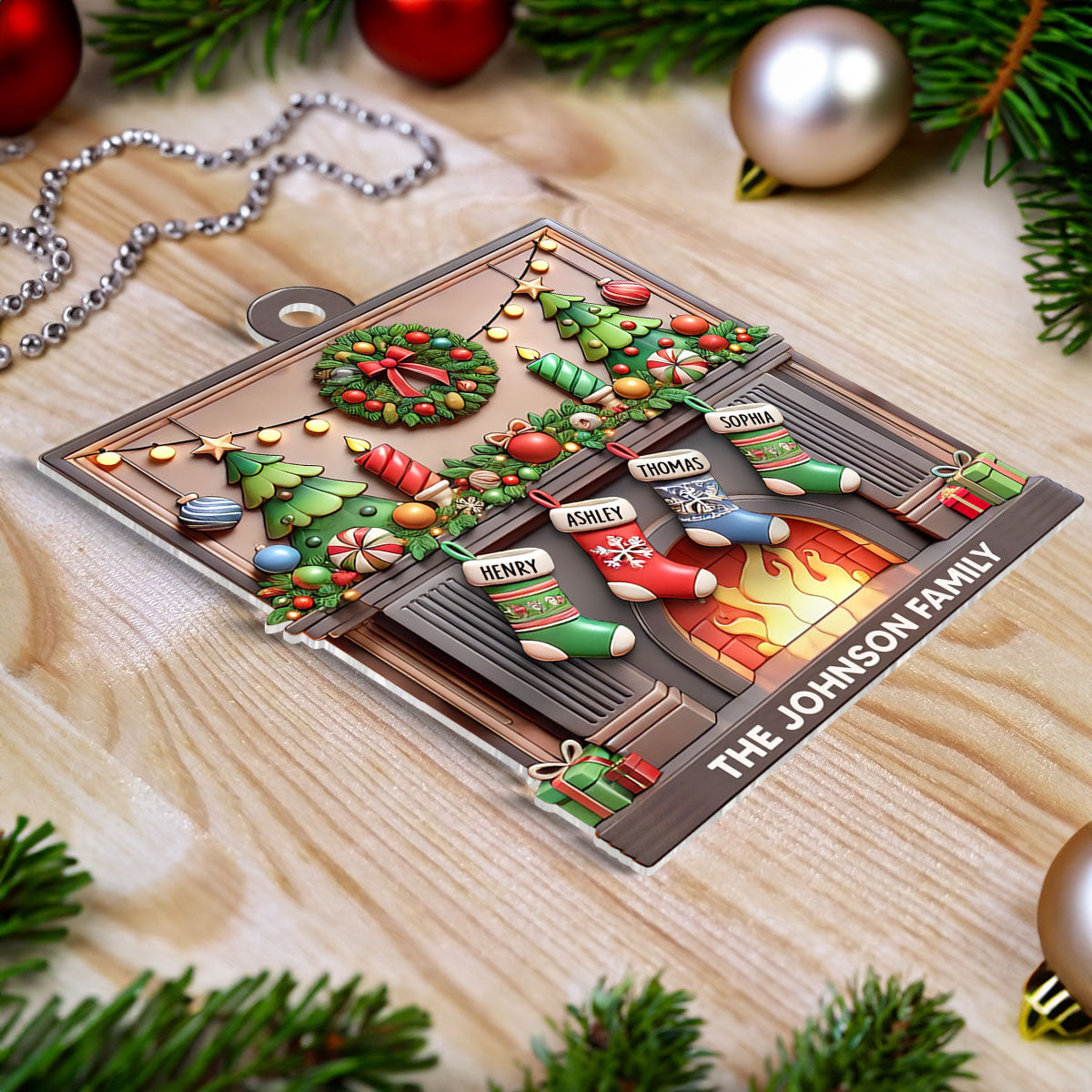 3D Family Christmas Stockings On Festive Mantel Personalized Acrylic Ornament