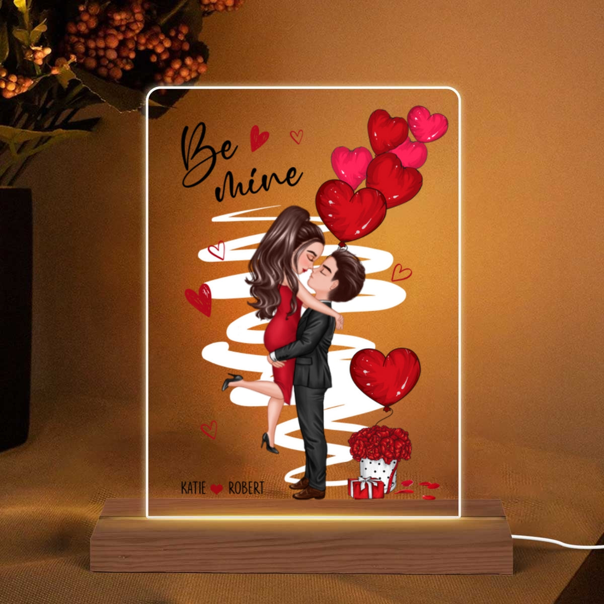 Be Mine Doll Couple Kissing Personalized 7 Colors Plaque LED Night Light -  Gift for Him, Gift for Her