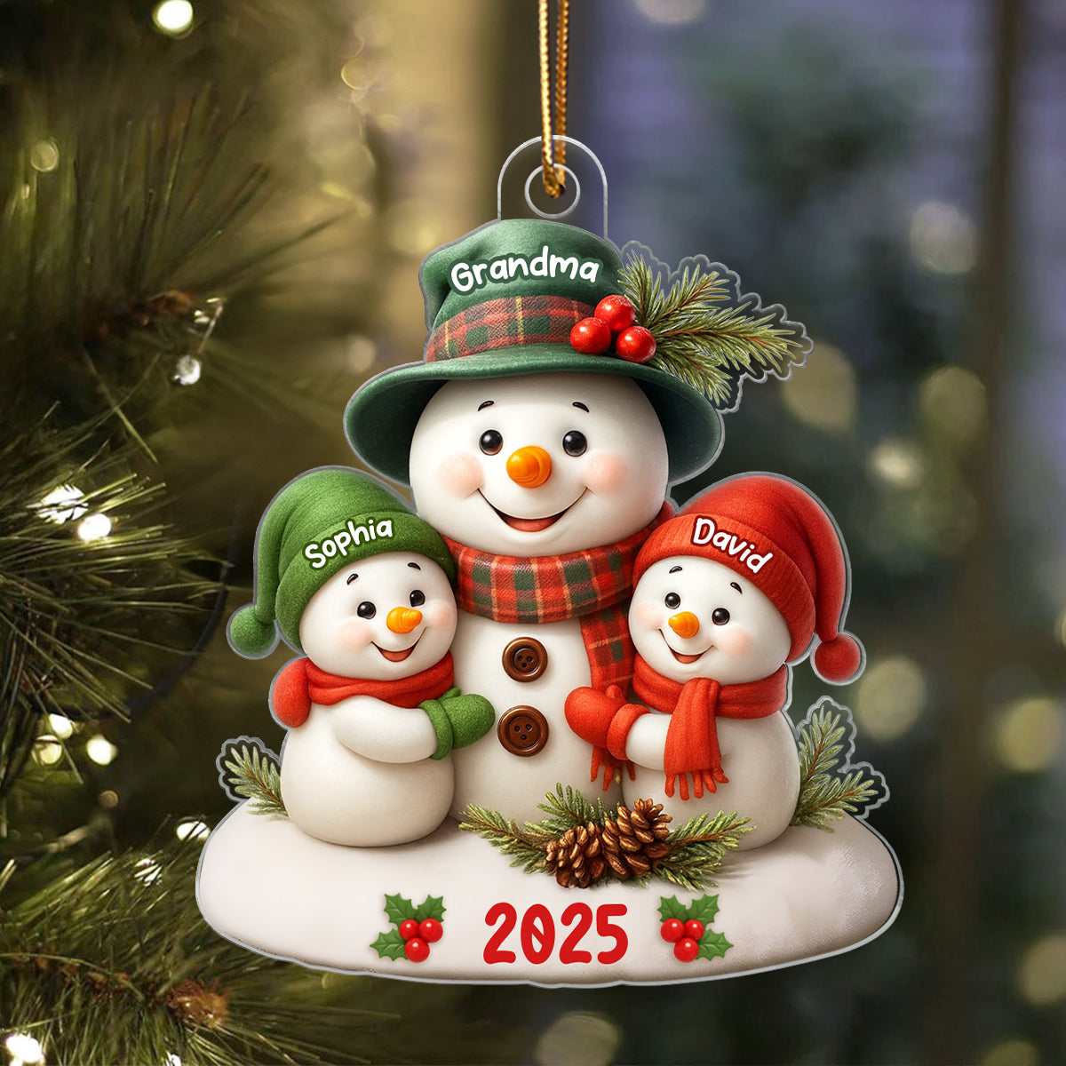 Snowman Grandma Hugging Grandkids Personalized Acrylic Ornament, Christmas Gift for Grandma, Grandkids