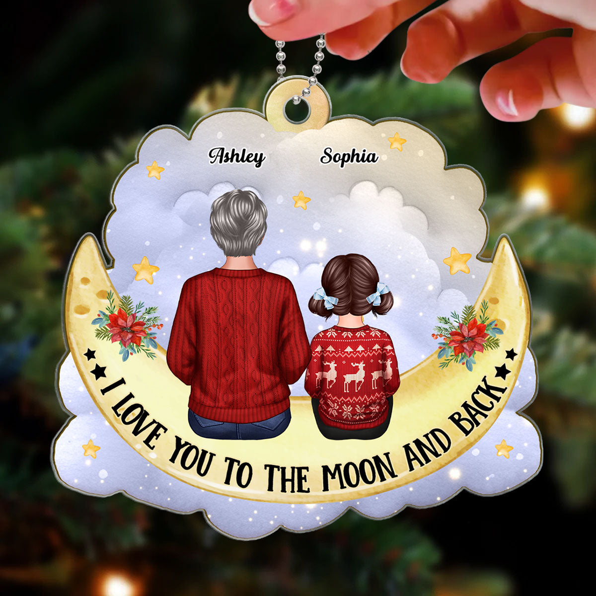 Grandma And Grandkids Back View Cute Moon Cloud Personalized Acrylic Ornament