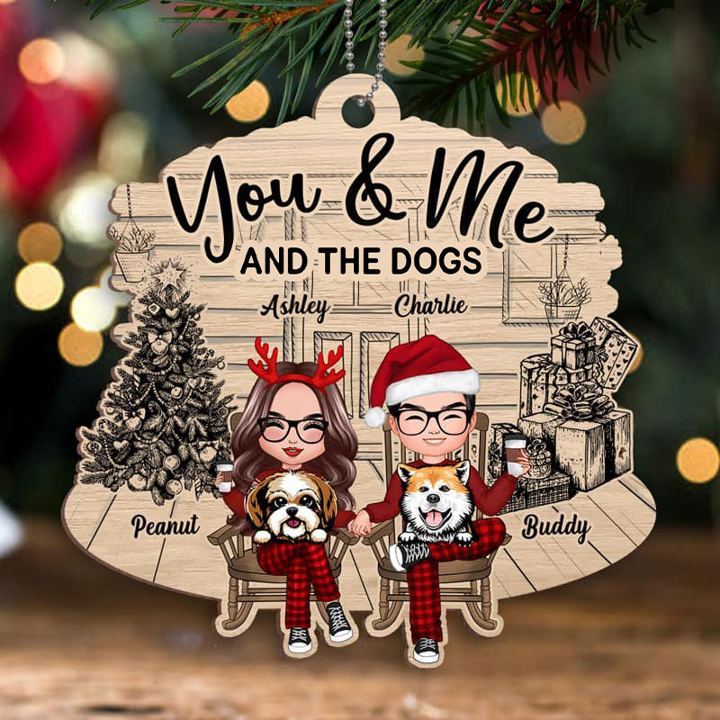 Couple And The Dogs Front Porch Personalized Christmas Wooden Ornament