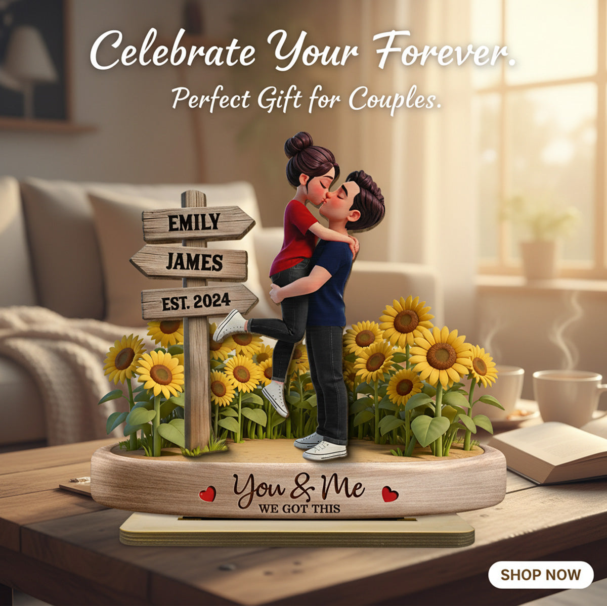Everlasting Love Couple Hugging Kissing Sunflower Field Sign Posts - Personalized 2-Layered Wooden Plaque - Valentine's Day Gift For Couple