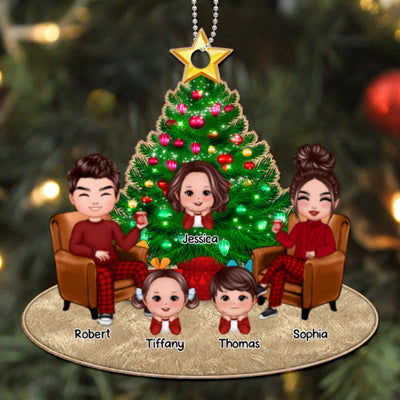 Doll Family Around Christmas Tree Personalized Wooden Ornament