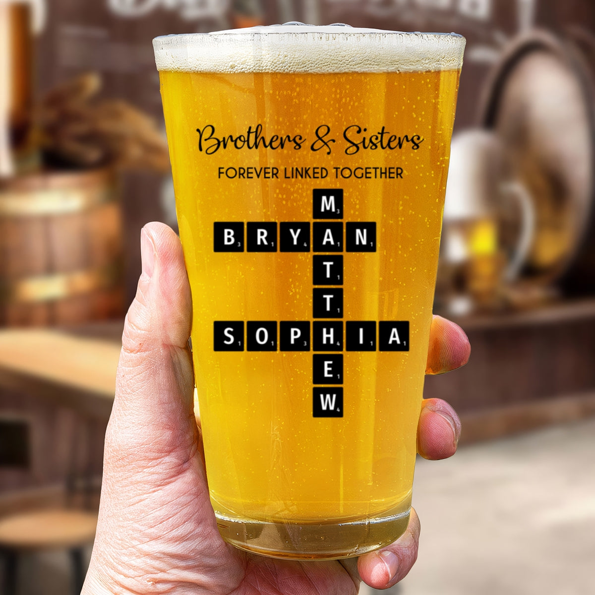 Brothers & Sisters Forever Linked Together Crossword Puzzle Art Personalized Beer Glass, Gift For Brothers, Sisters, Siblings, Family
