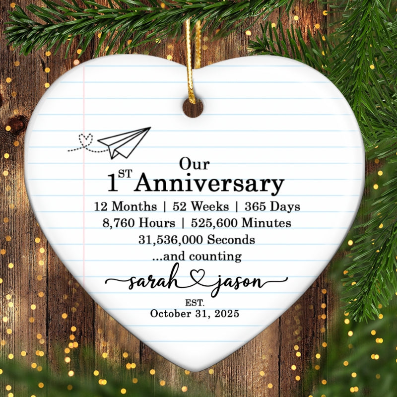 Our 1st Anniversary - Personalized Ceramic Ornament - Paper Traditional Gift for Her, Gift for Him, Christmas Keepsake