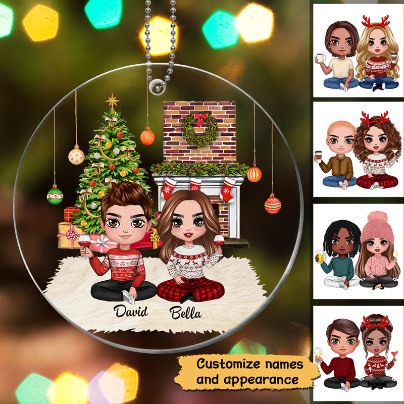 Doll Couple At Christmas Fireplace Personalized Acrylic Ornament