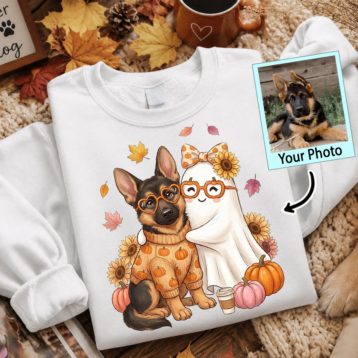 Cute Fall Dog Cat Hugging Ghost - Personalized Shirt - Trendy Fall Tee for Pet Lovers, Dog Mom, Cat Mom