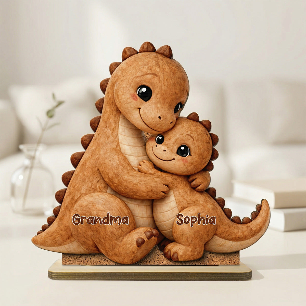 Tender Grandma And Grandchild Dino Hug - Personalized 2-Layered Wooden Plaque - Mother's Day Gift For Grandma, Mom, Wife