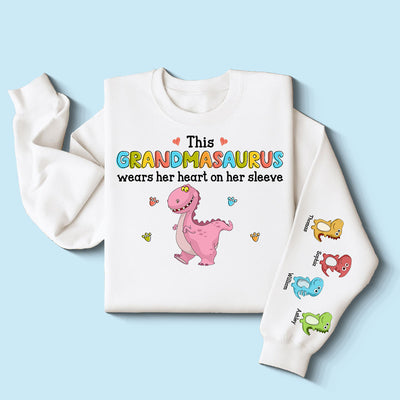 This Grandmasaurus Wears Her Heart On Her Sleeve Personalized Sleeve Printed Sweatshirt