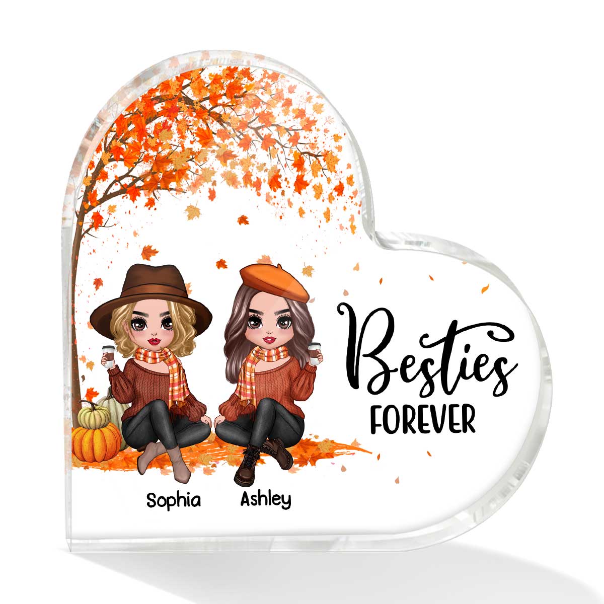 Fall Season Doll Besties Sitting Under Tree Personalized Acrylic Heart Plaque