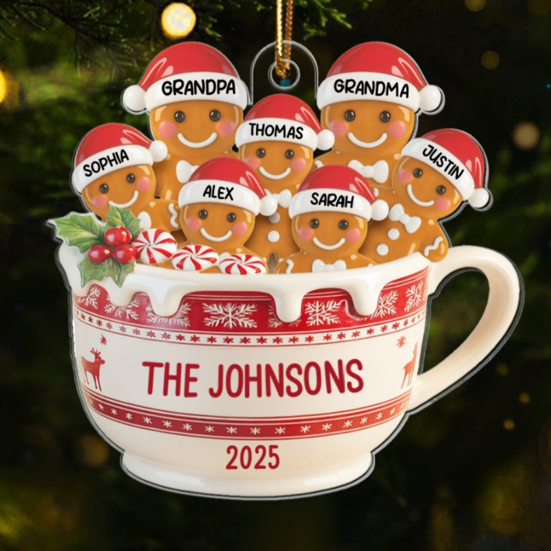 3D Effect Gingerbread Family In Hot Cocoa - Personalized Acrylic Ornament
