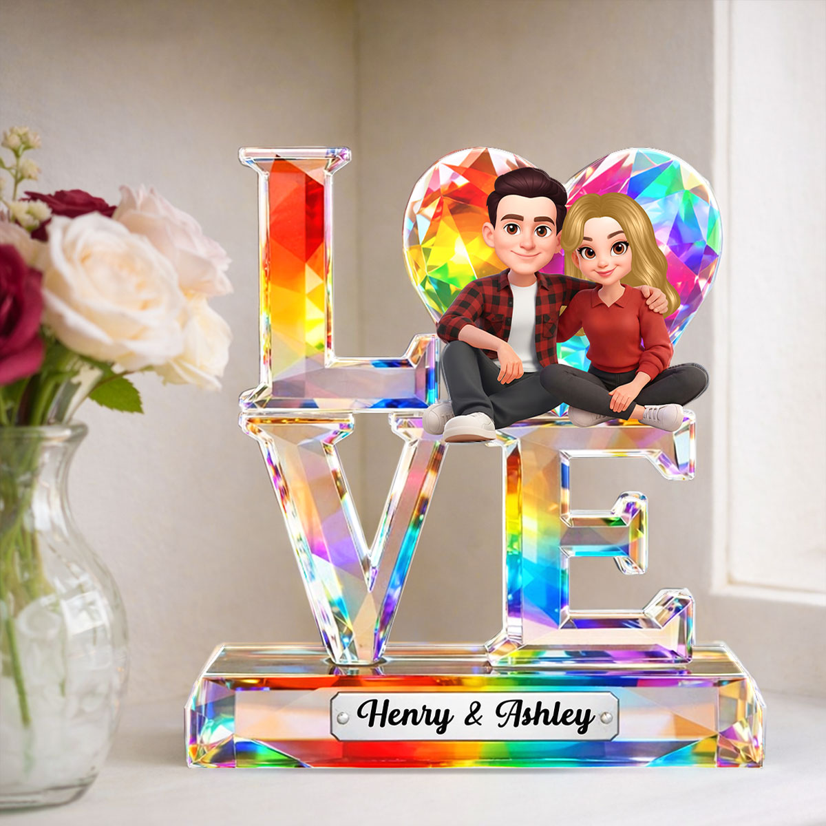 Love Couple Valentine Crystal Pattern - Personalized Acrylic Block Plaque - Anniversary, Valentine's Day Gift, Gift For Him, Gift For Her