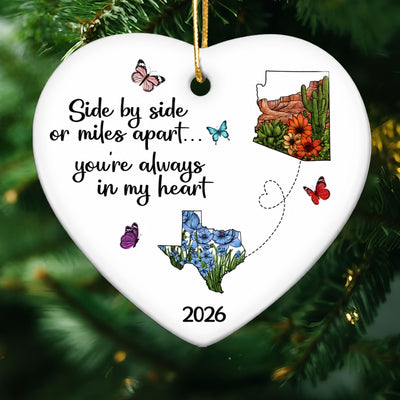 Miles Apart Long Distance Friendship Family Watercolor Wildflower State Map Personalized Ceramic Heart Ornament, Togetherness Keepsake