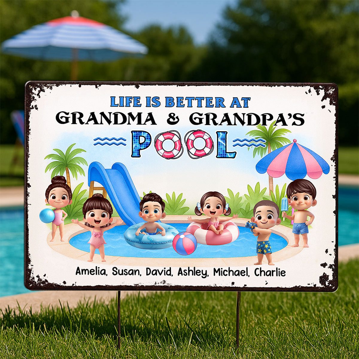Welcome to Grandma & Grandpa's Pool, Memories are Made Here Personalized Metal Sign, Grandkids Welcome Sign