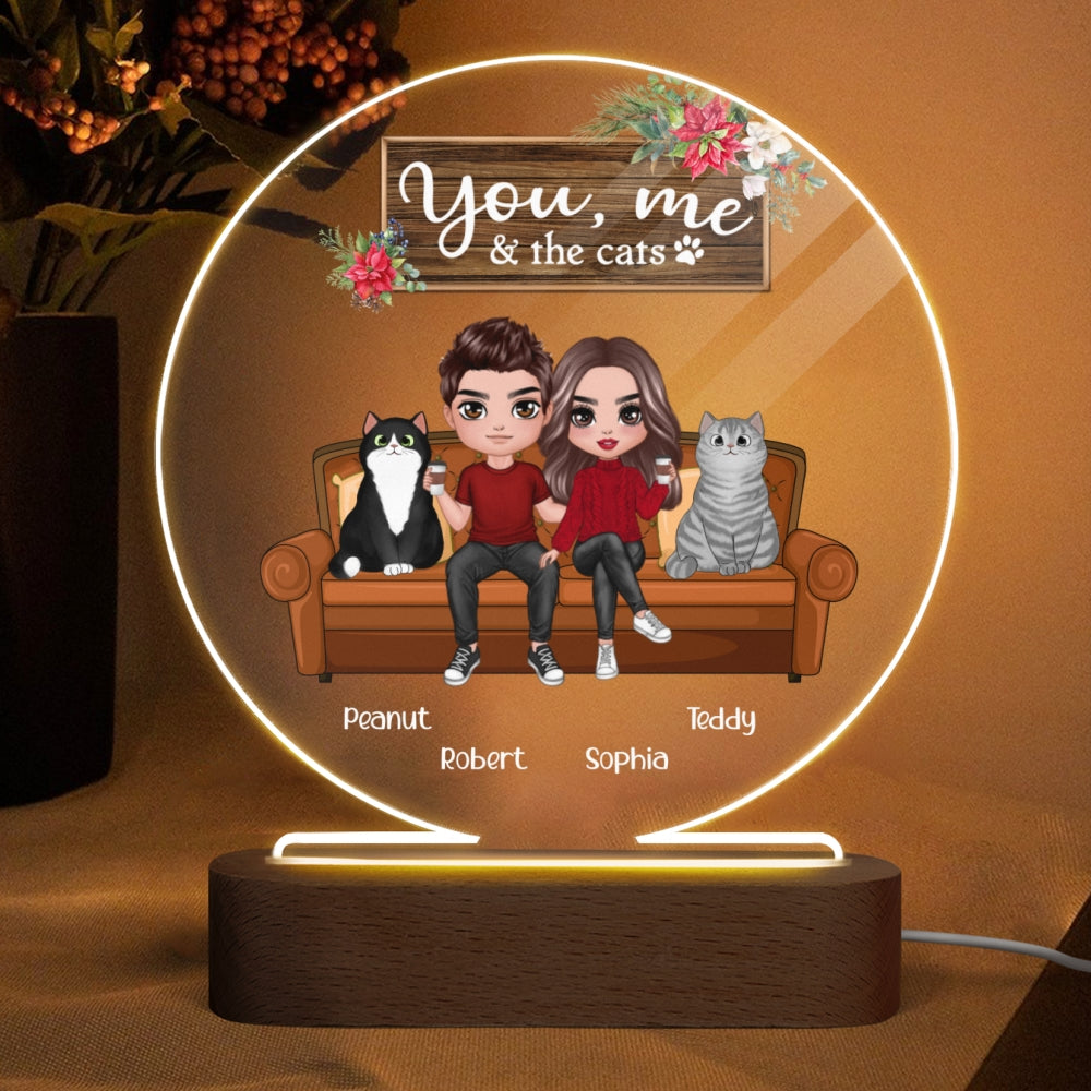 Couple & Cats On Sofa Personalized Circle Acrylic Plaque With LED Night Light - Gift For Couple - Gift For Cat Lover
