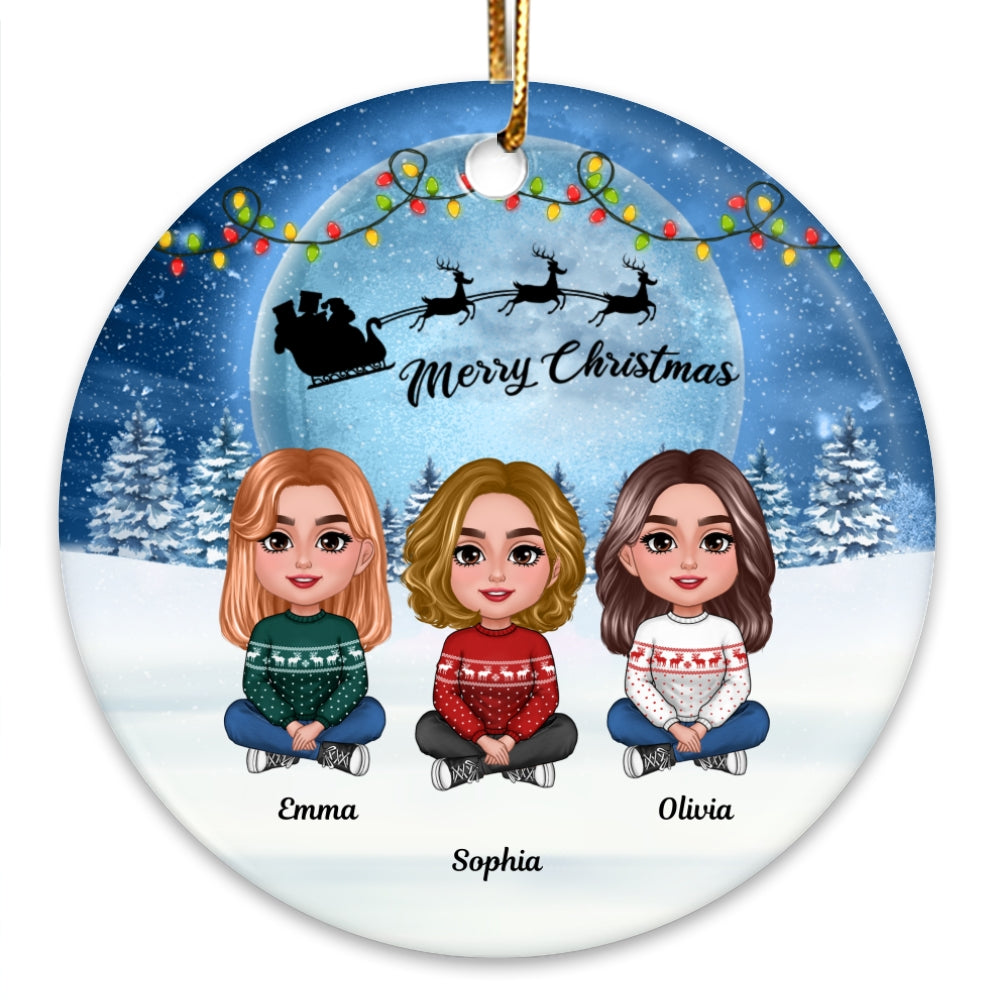 Besties Sisters In Moonlight Snow Christmas Personalized Circle Ornament