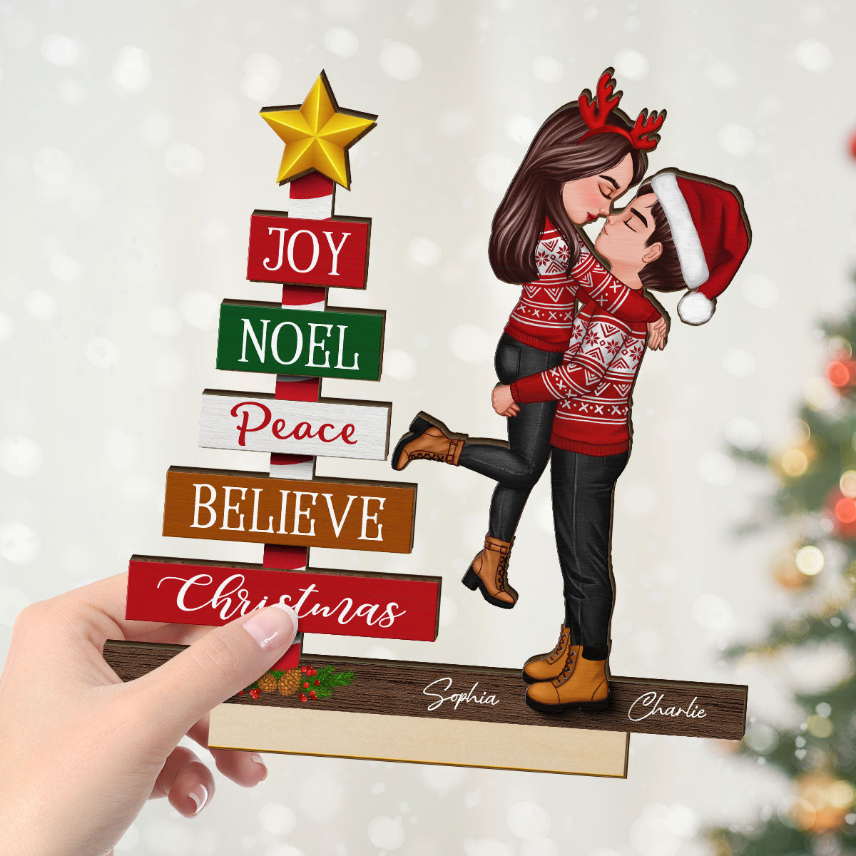 Couple Hugging Kissing Joy Peace Believe Christmas Decor Personalized 2-Layer Standing Wooden Plaque