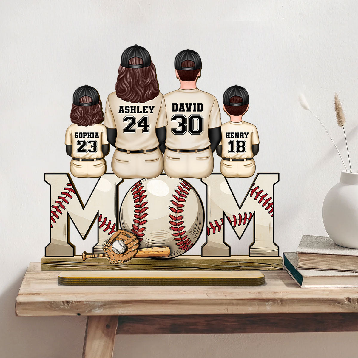 Baseball Mom Family Sitting Back View Personalized Standing Wooden Plaque, Gift for Wife, Gift for Mom