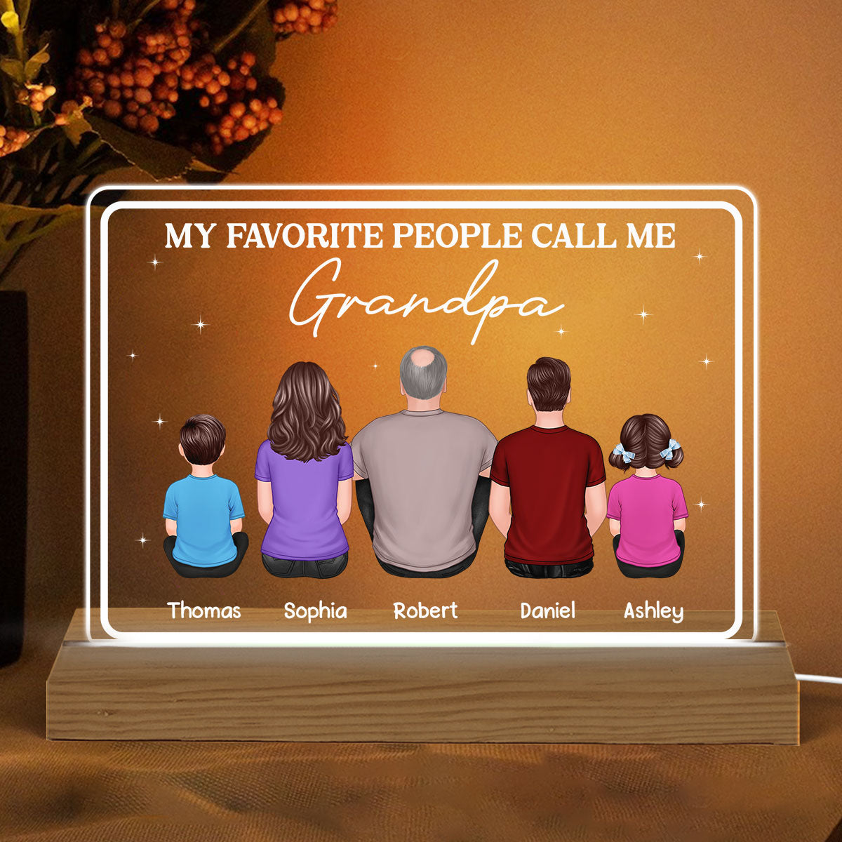 Favorite People Call Me Grandpa Dad Back View Man Sitting With Kids Personalized Custom Shape Acrylic Plaque Warm LED Night Light