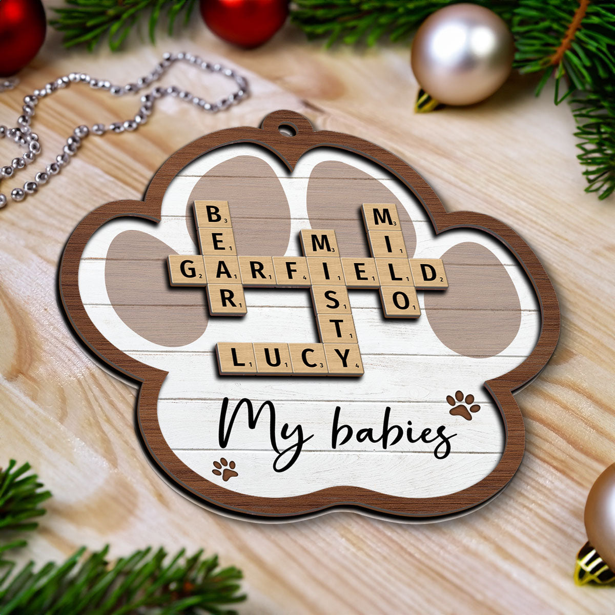 Pet Names Crossword Puzzle Art Personalized Paw Shaped 2-Layer Wooden Ornament [Can add up to 20 pet names]