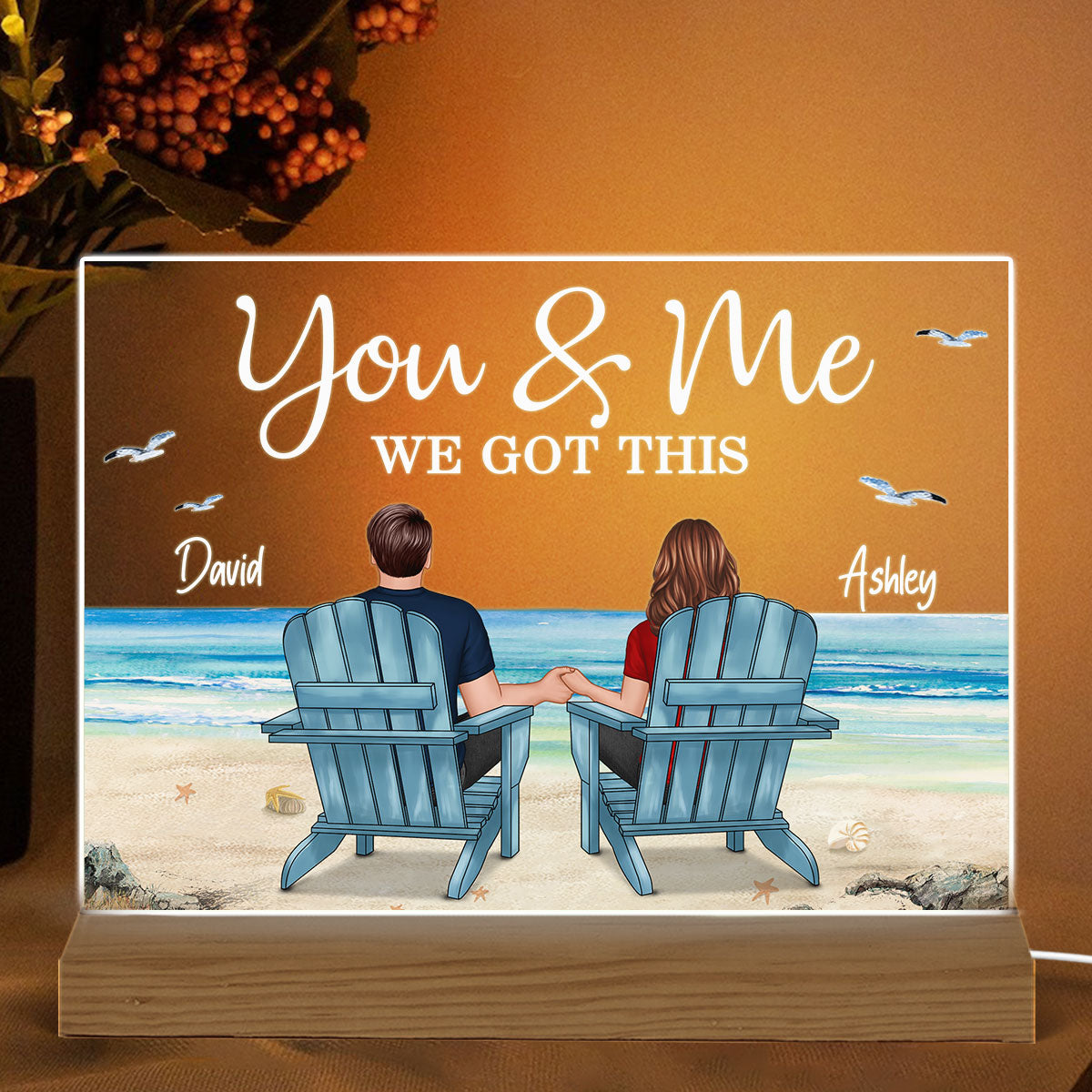 Back View Couple Sitting Beach Landscape Personalized Custom Shape Acrylic Plaque LED Night Light