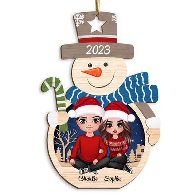 Couple Sitting Inside Snowman Personalized Wooden Ornament