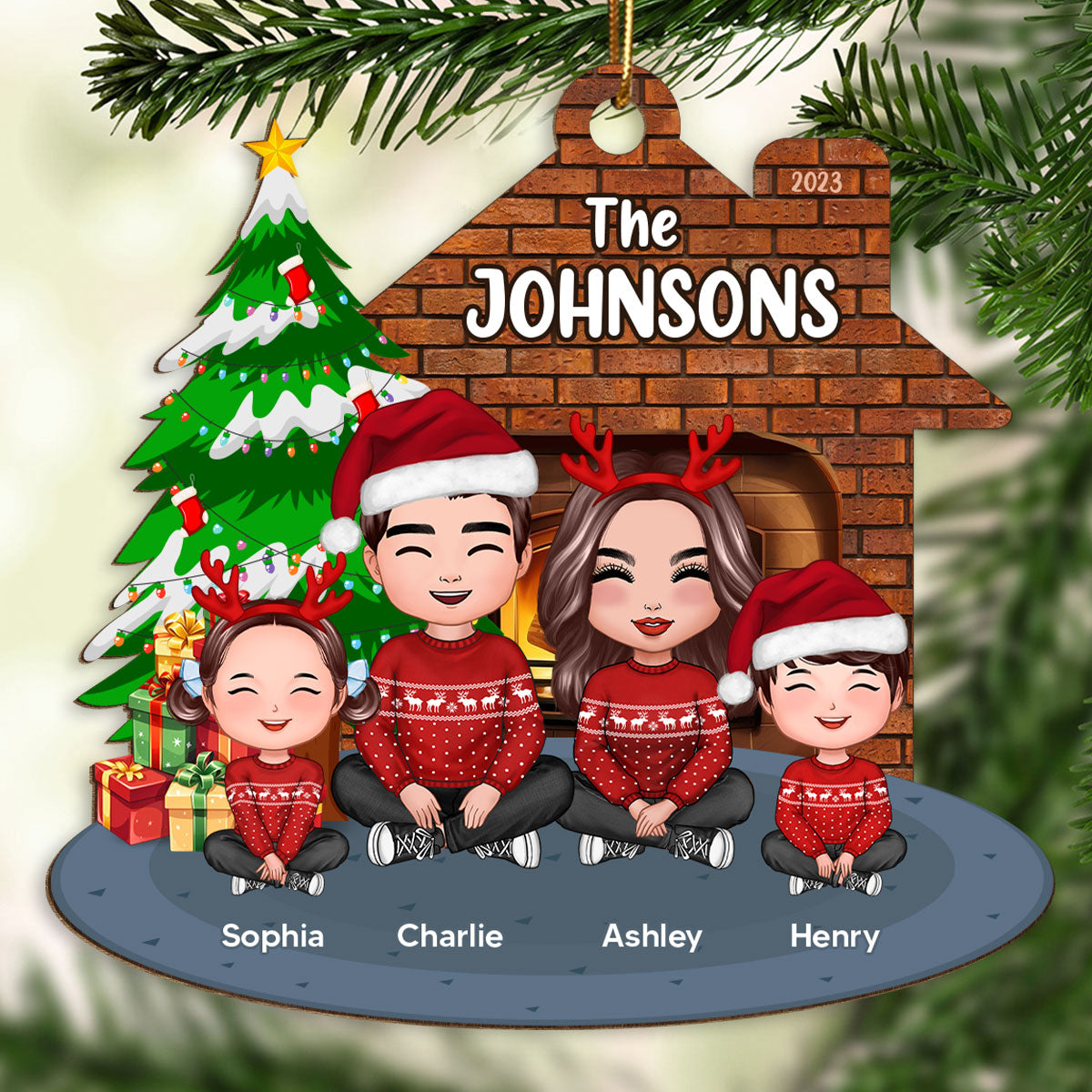 Whole Cute Family Crossed Legs Dad Mom Kid Dog Cat By Christmas Tree In House Personalized Wooden Ornament
