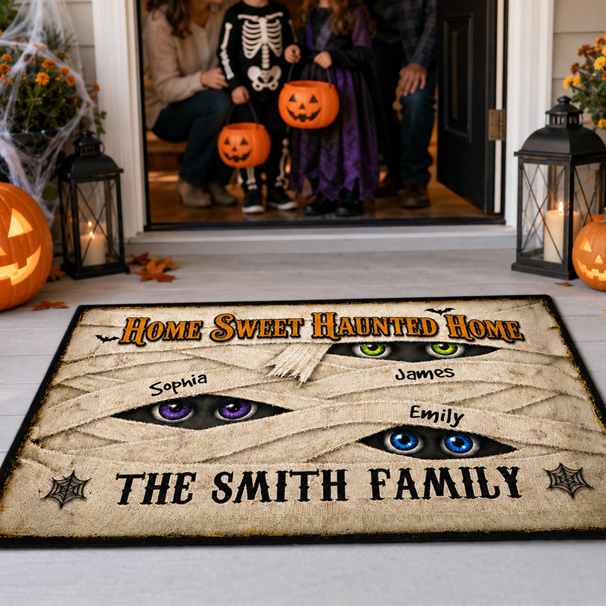 Mummy Family Peeking Eyes 2D Flat - Personalized Doormat - Funny Halloween Family Decoration