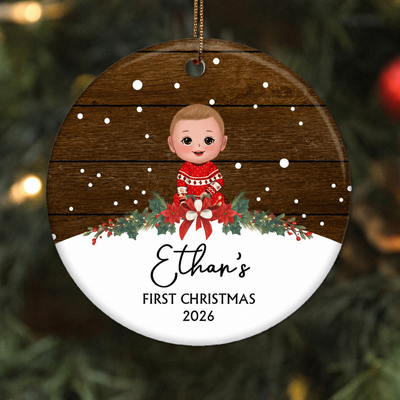 Snow Wood Baby Doll First Christmas Personalized Circle Ornament