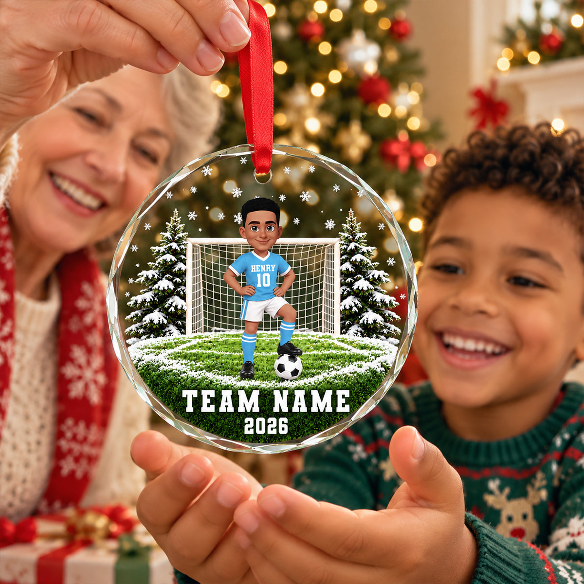 Soccer Player 2D Flat - Personalized Glass Ornament – Custom Boy & Girl Soccer Christmas Keepsake, Team Name & Year, Gift for Soccer Lovers
