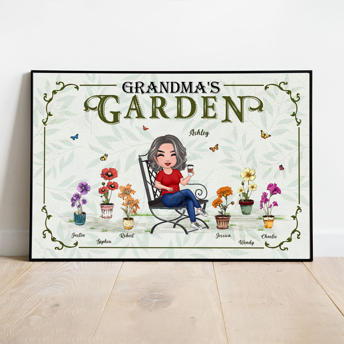 Grandma's Garden Woman Sitting Birth Month Flowers Pot Personalized Poster