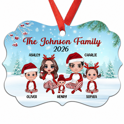 Pajamas Doll Family Sitting In Snow Personalized Christmas Ornament