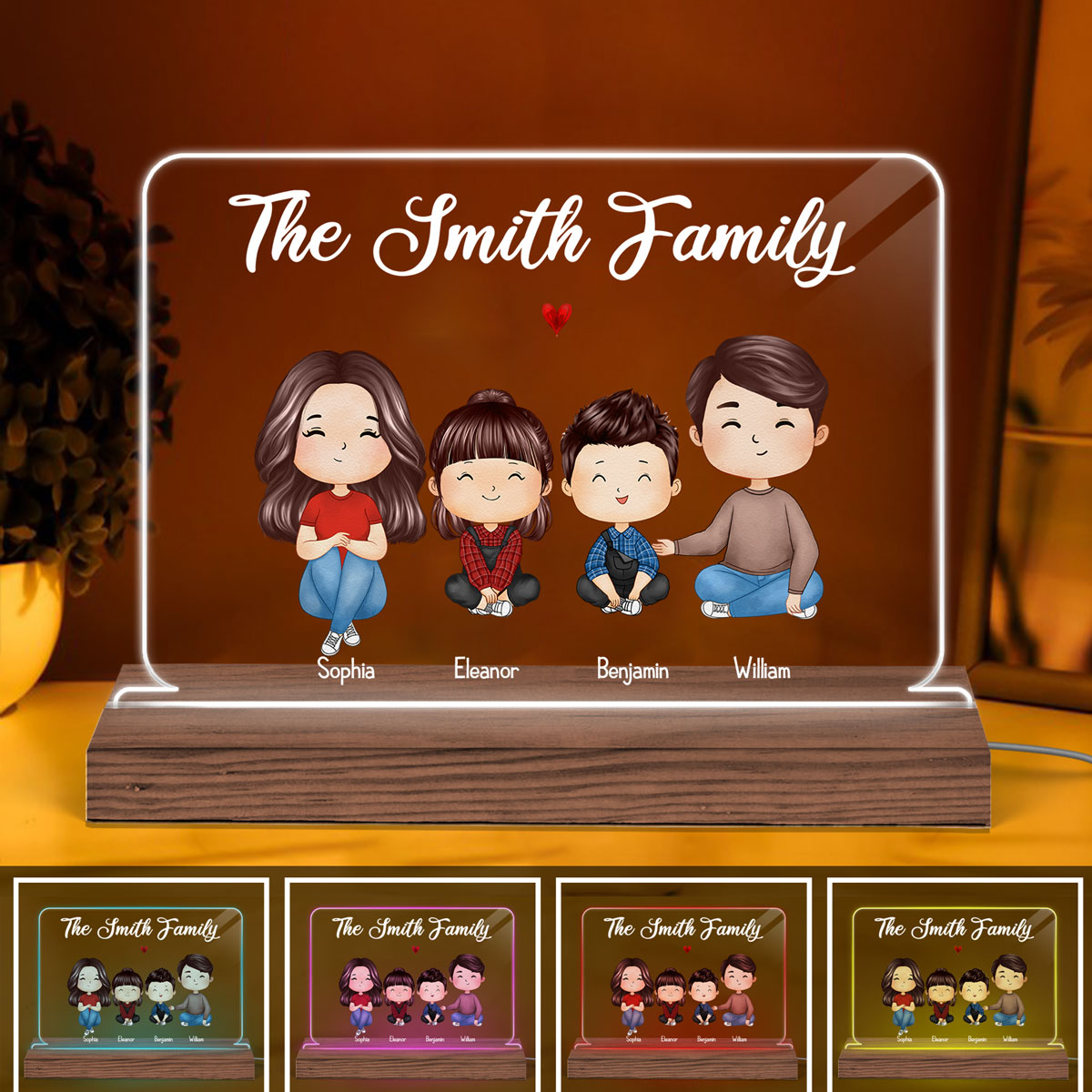 Whole Family Couple Dad Mom Kids Dogs Cats Watercolor Styles Sitting Personalized Custom Shape Acrylic Plaque LED Night Light