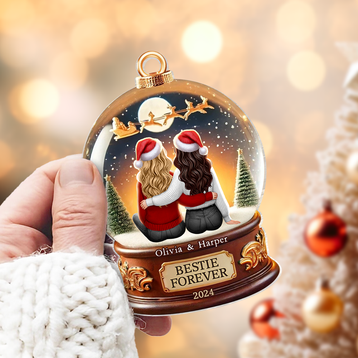 Besties Forever 3D Realistic Snow Globe Personalized Acrylic Ornament, Christmas Gift For Besties