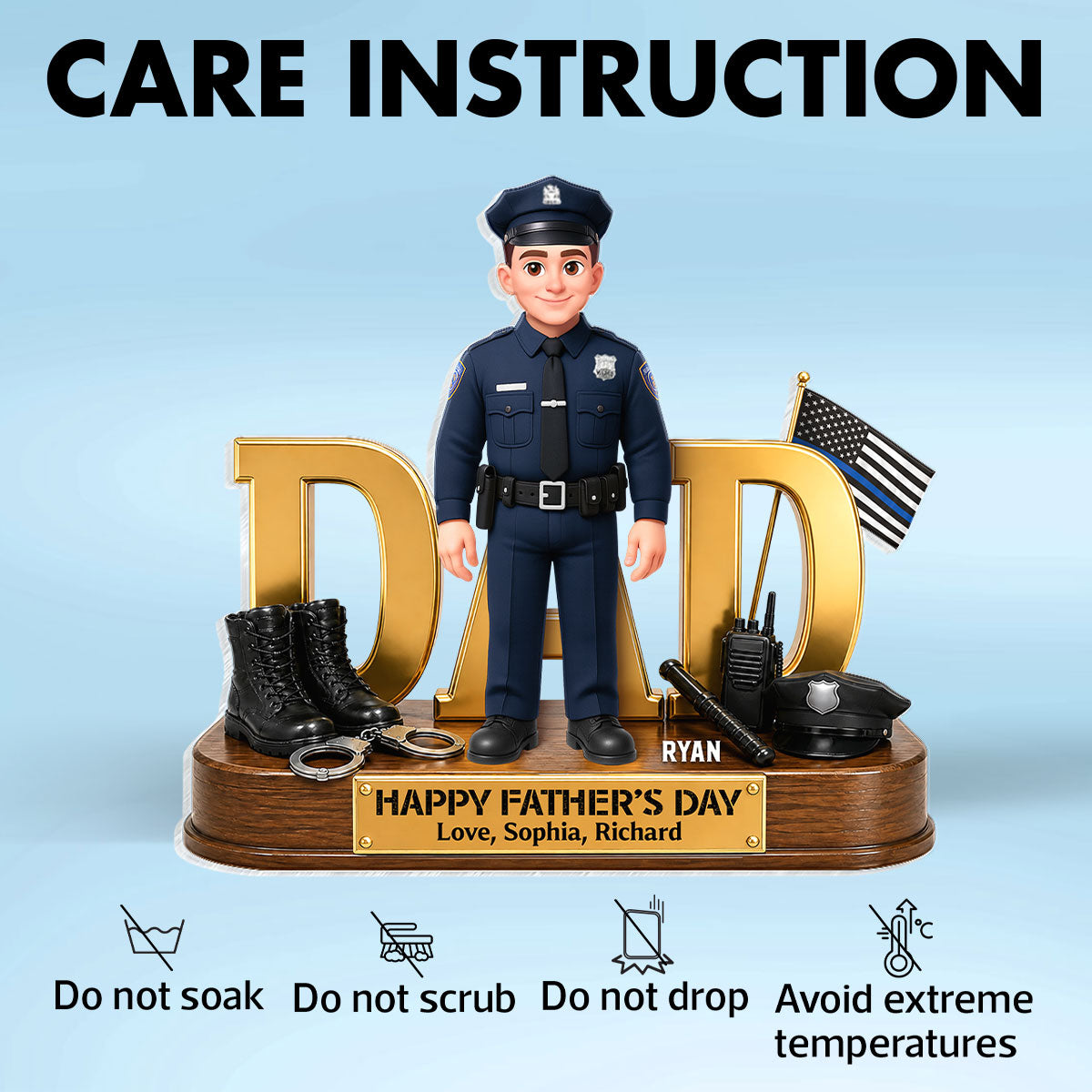 Proud American Police Dad You Are Our Hero Thin Blue Line 2D Flat - Personalized Acrylic Block Plaque - Father's Day Gift For Dad