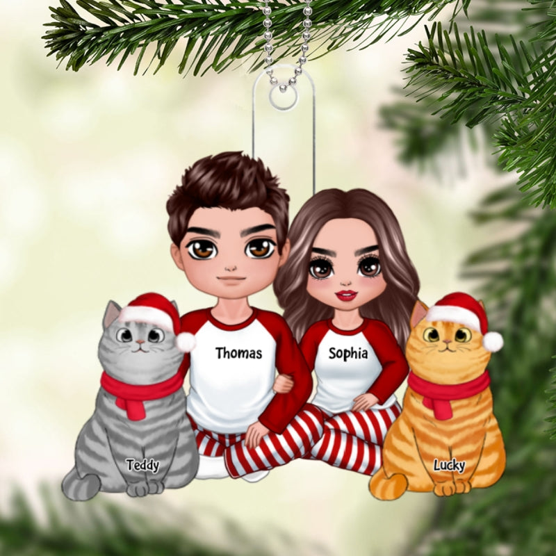 Doll Couple Sitting With Cat Christmas Personalized Acrylic Ornament