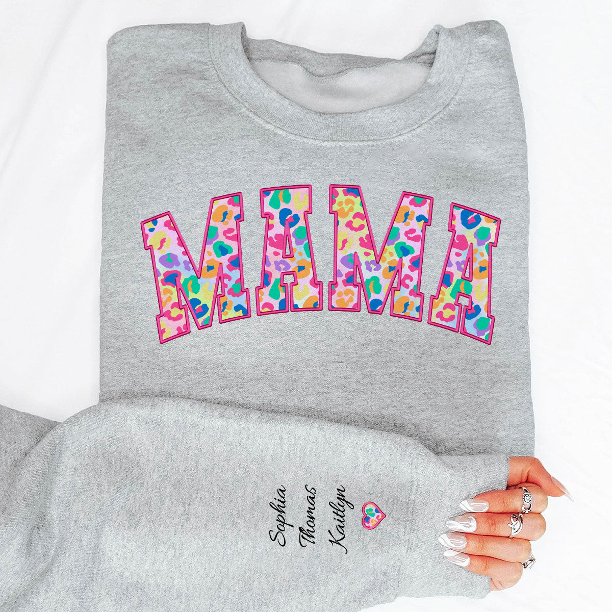 Mama Colorful Leopard Kids Names On Sleeve Personalized Sleeve Printed Sweatshirt