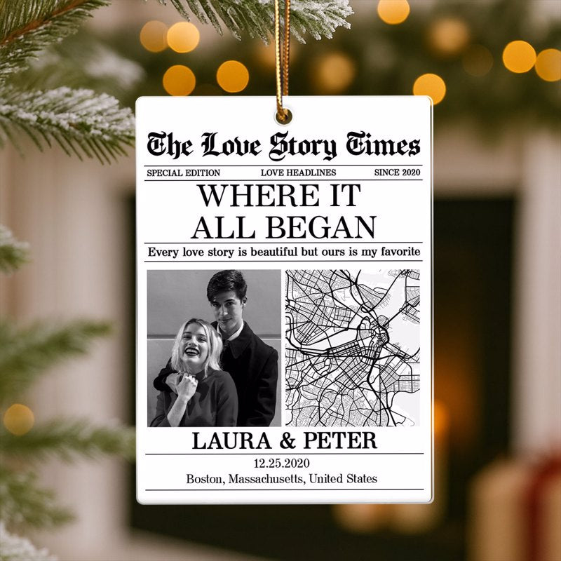 The Love Story Time Where it all began Custom Map Personalized Acrylic Ornament - Anniversary, Christmas Gift for Husband, Wife