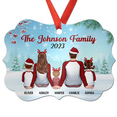 Family In Snow Back View Personalized Christmas Aluminium Ornament