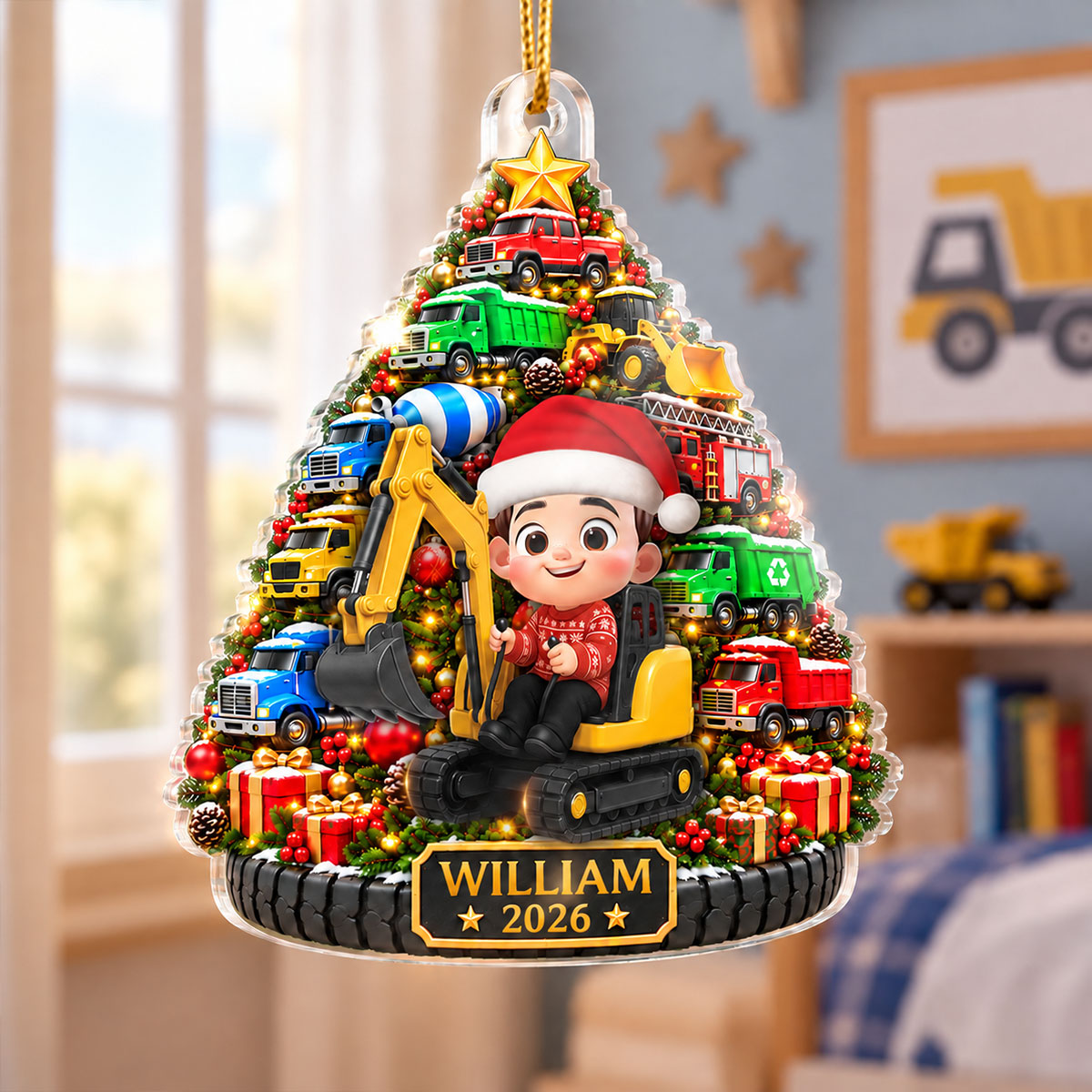 Construction Trucks Christmas Tree 2D Flat – Personalized Acrylic Ornament – Christmas Gift For Boys