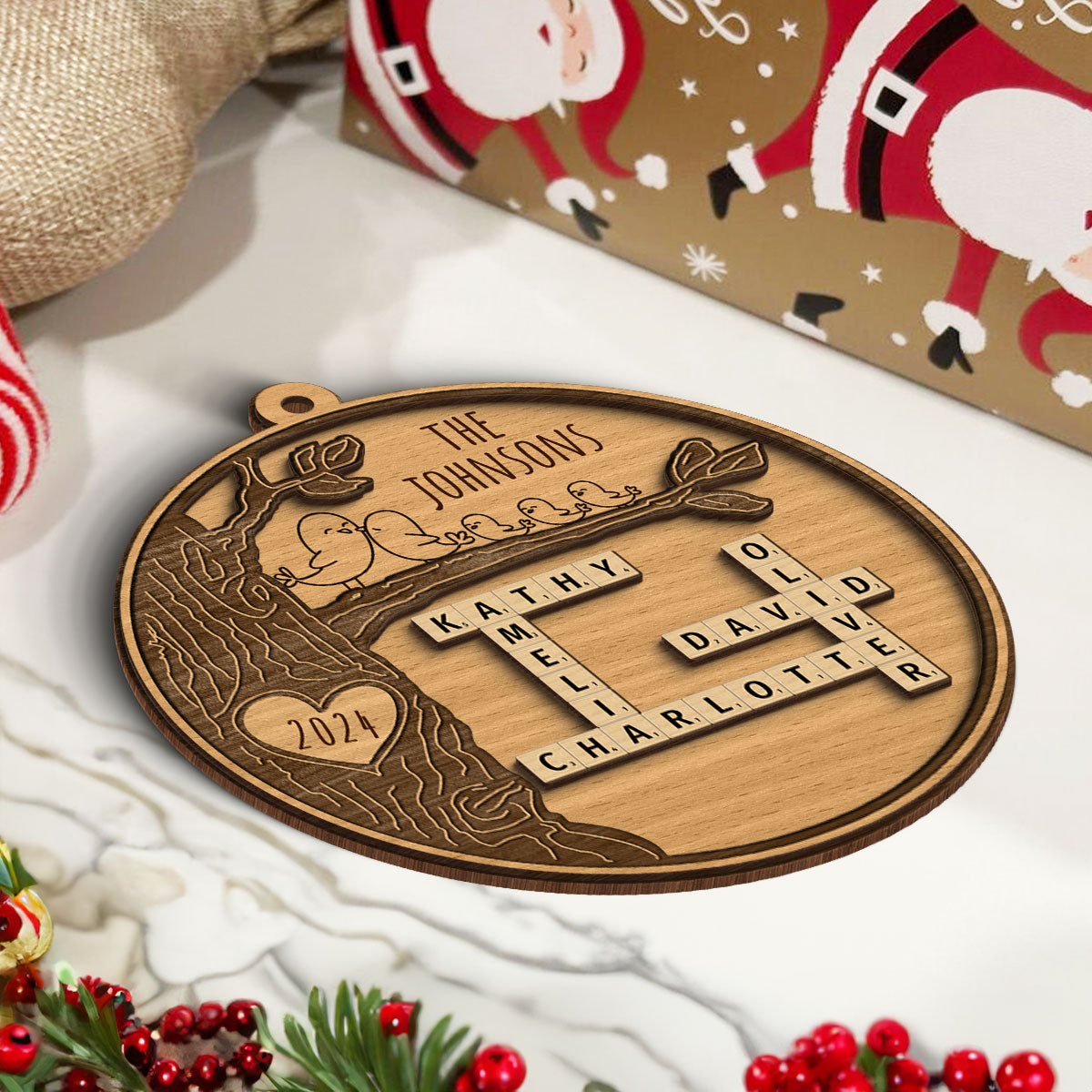 Family Tree Crossword Puzzle Art, Personalized 2-Layered Wooden Ornament