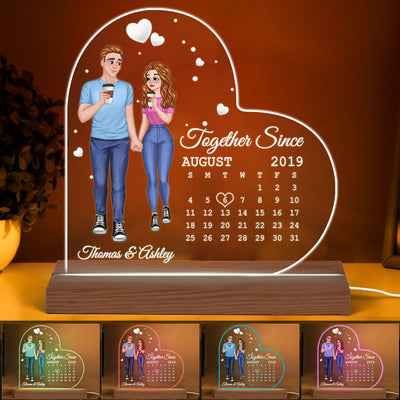 Cartoon Couple Hand In Hand Calendar Anniversary Date Personalized Heart Shaped Acrylic Plaque With LED Night Light