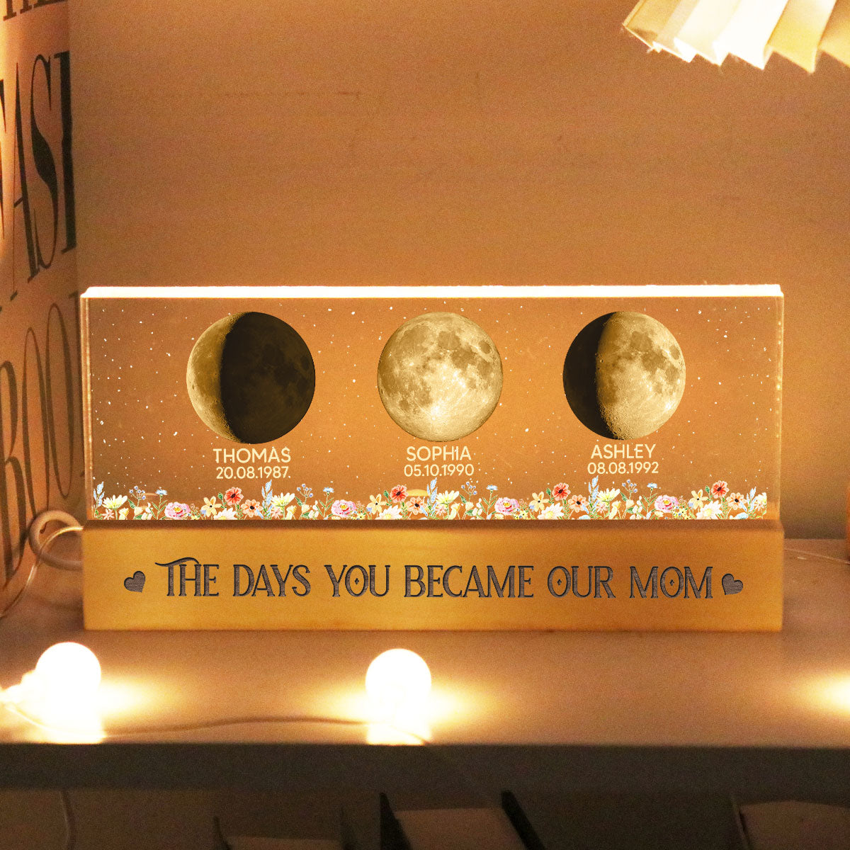 Floral Custom Birth Moon Phase The Day You Become Our Mom - Personalized Acrylic Block LED Night Light - Heartfelt Gift For Mom