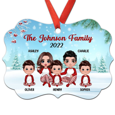Pajamas Doll Family Sitting In Snow Personalized Christmas Ornament