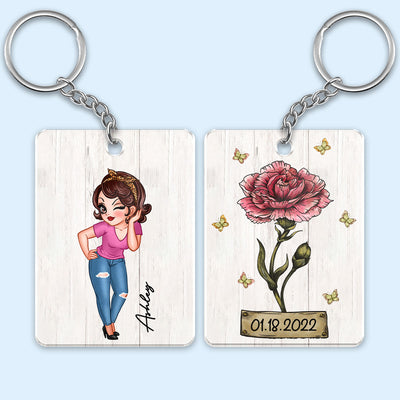 Pretty Woman Custom Character Beautiful Vintage Birth Flower & Name Birthday Gift For Family Friends Personalized Acrylic Keychain