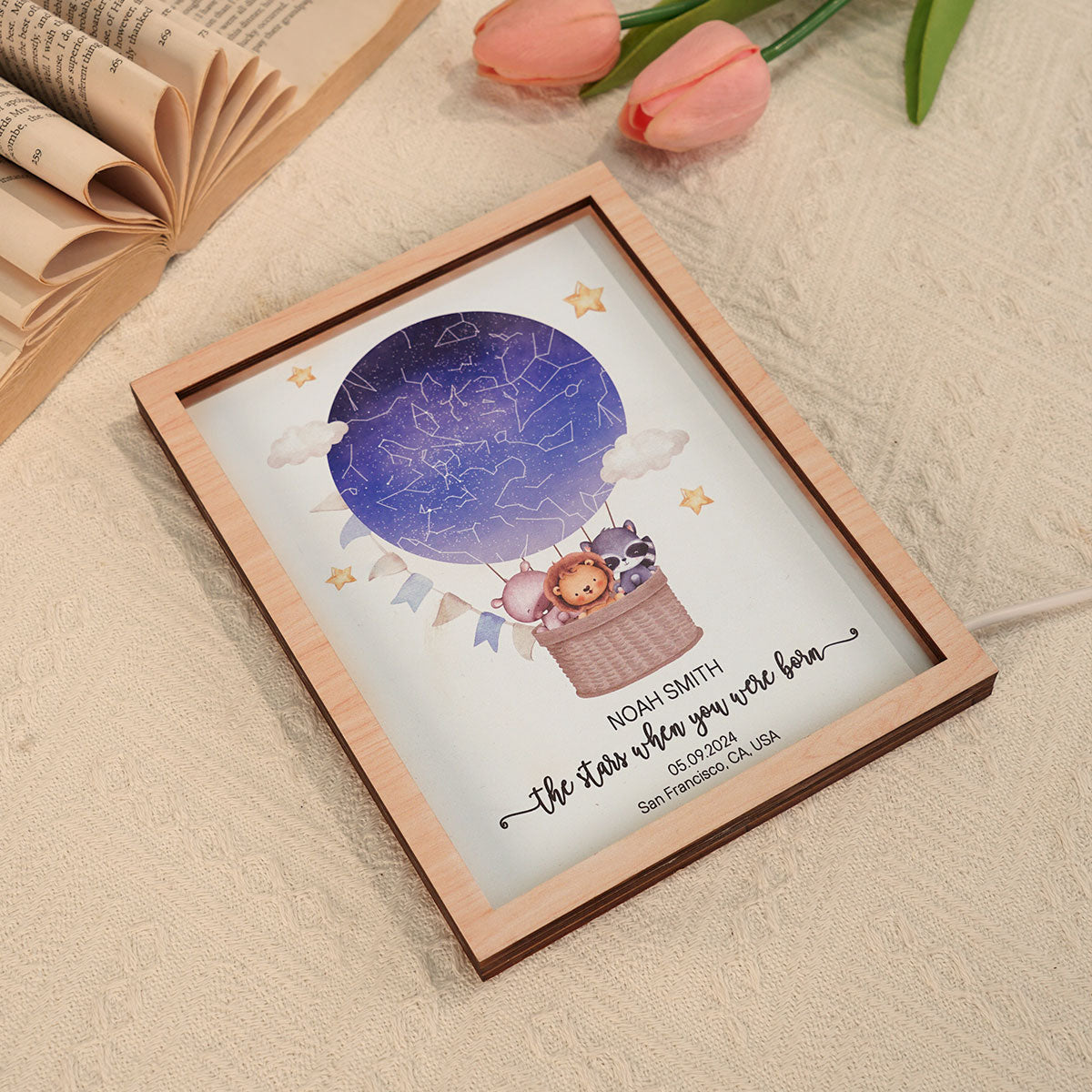 Star Map New Baby Custom 2-Layered Wooden Plaque With LED, Birthday Stars Childs Sky LED, Newborn Parents Gift, Boy Girl Christening Art, Night You Were Born