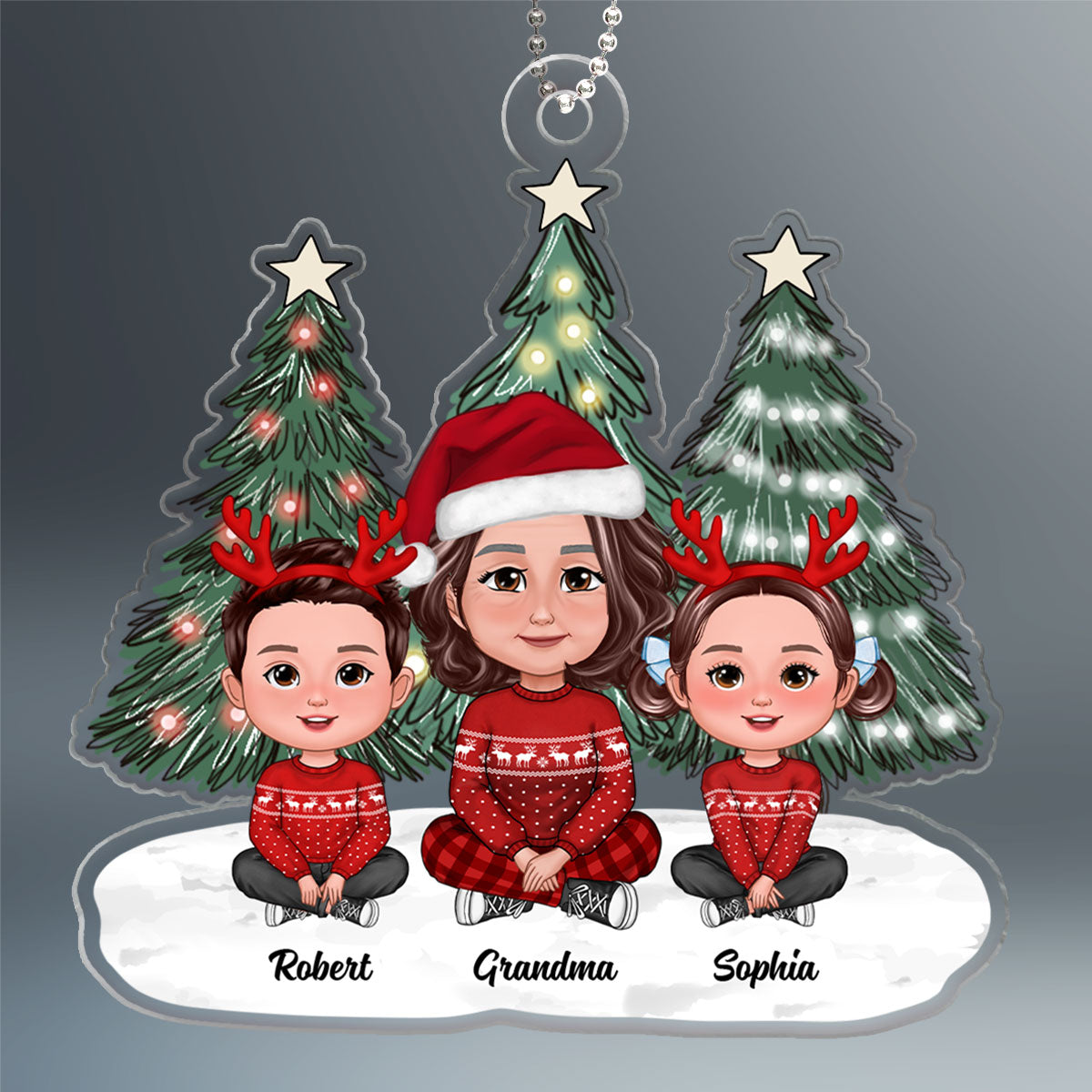 Christmas Green Tree Lights Cute Grandma & Grandkids Sitting Personalized Acrylic Ornament