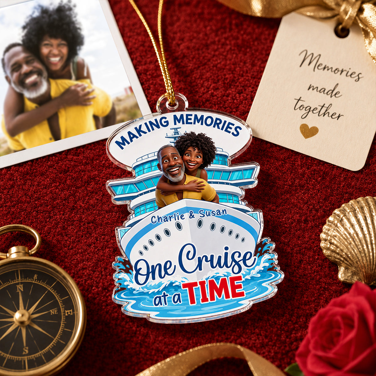 Custom Couple Photo One Cruise At A Time - Personalized Acrylic Ornament - Cruise Ship Keepsake, Cruise Ship Vacation Gifts